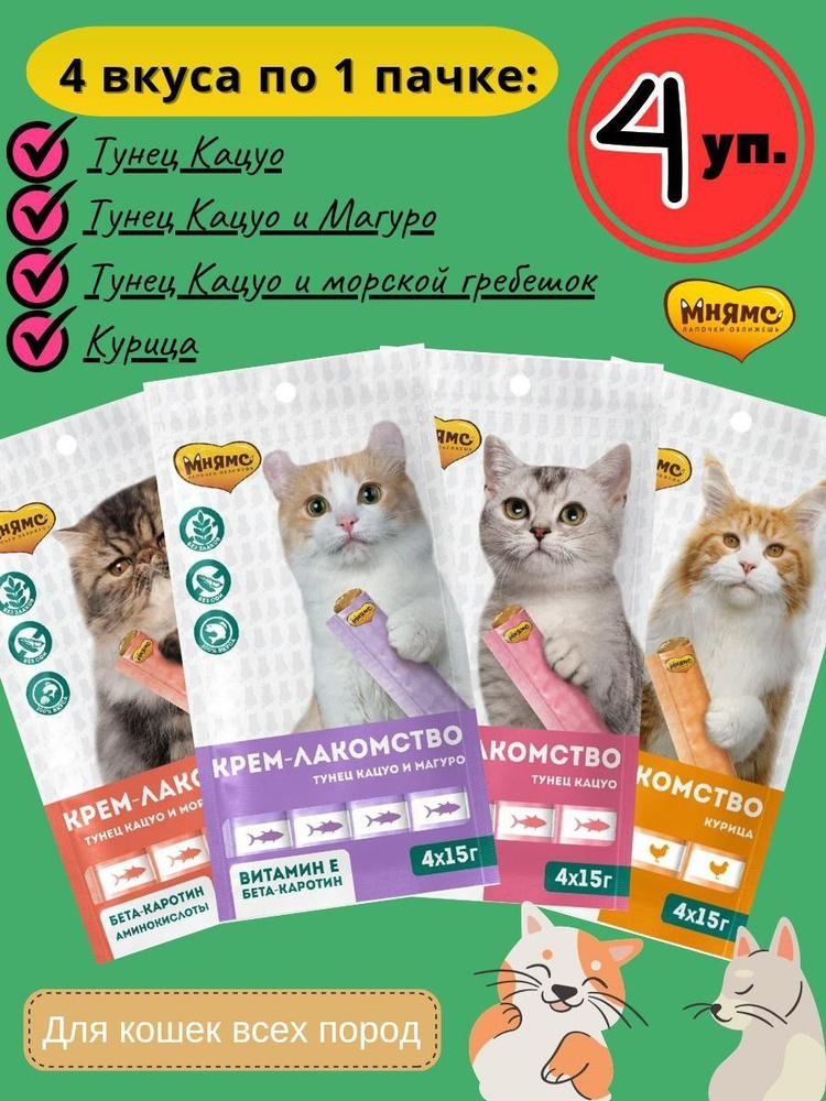 Мнямс Крем-лакомство для кошек 4 вкуса 4 упаковки - купить с доставкой по  выгодным ценам в интернет-магазине OZON (1128218355)