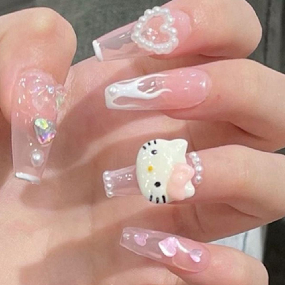 24 шт. накладных маникюрных ногтей с изображением розовой кошки Hello Kitty, в комплекте с клеем и гелевым #1