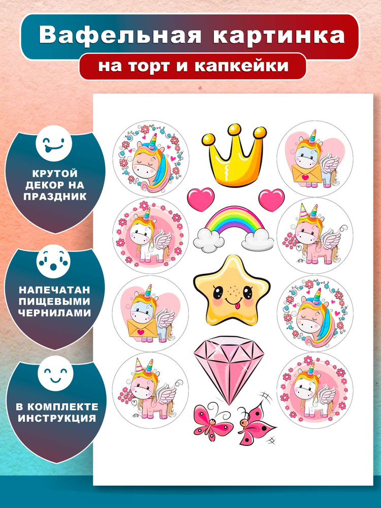 Вафельная картинка на капкейки С днем рождения Единорог. Украшение и ...