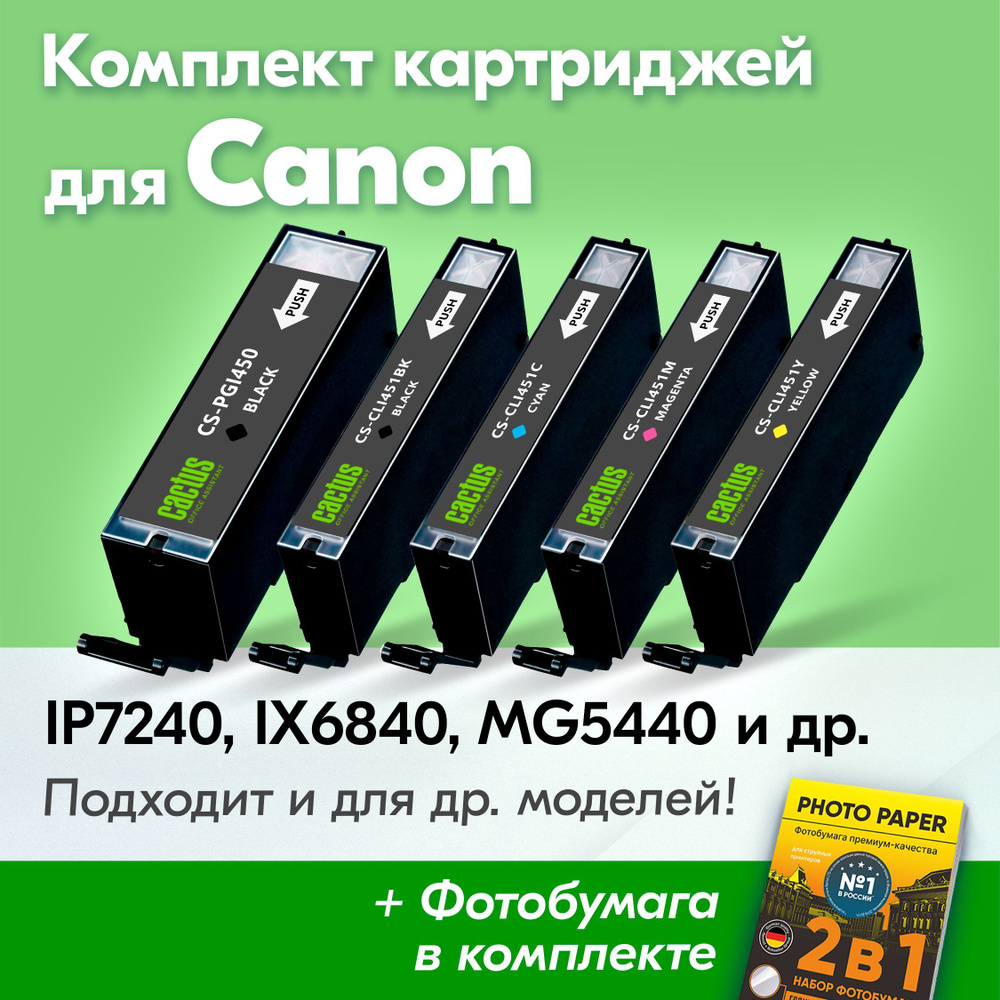 Картриджи для Canon PGI-450 XL, CLI-451 XL, Canon PIXMA iP7240, iX6840,  MG5440, MG5640, MG5540 (Комплект из 5 шт) с чернилами (с краской) для ...