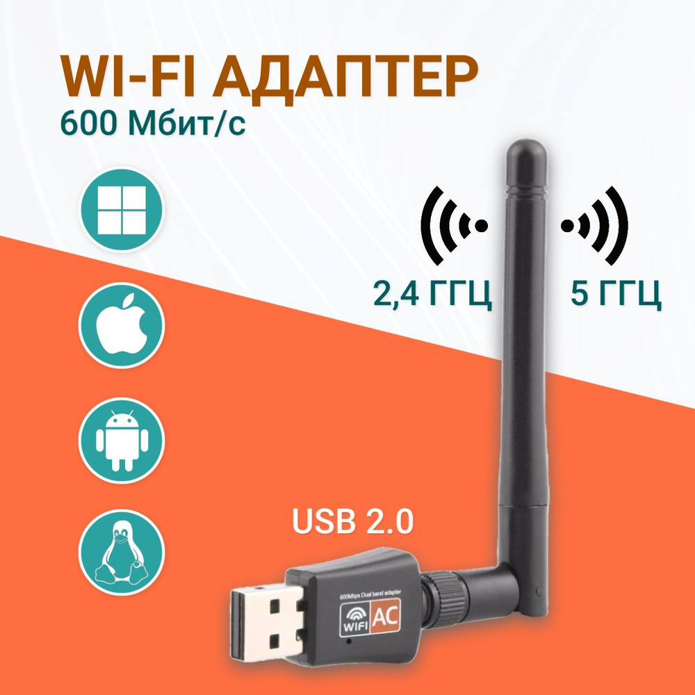 Wi-Fi-адаптер 5 ГГц / 2.4 ГГц ; Usb wifi адаптер для компьютера,  двухдиапазонный, с антенной, 600Мбит/c - купить с доставкой по выгодным  ценам в интернет-магазине OZON (1214933996)