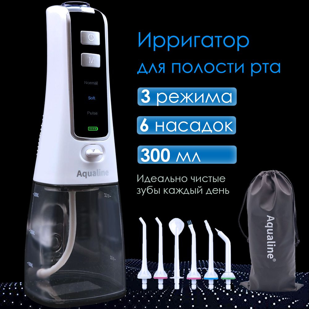 Ирригатор для полости рта портативный Aqualine PD300, 300 мл, 6 насадок,  чехол - купить по выгодной цене в интернет-магазине OZON (194712746)