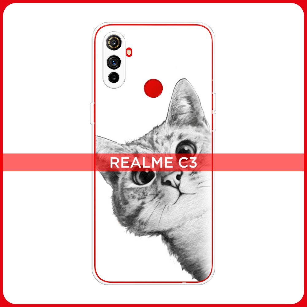 Силиконовый чехол на Realme C3 / Реалми C3 Кот рисунок черно-белый