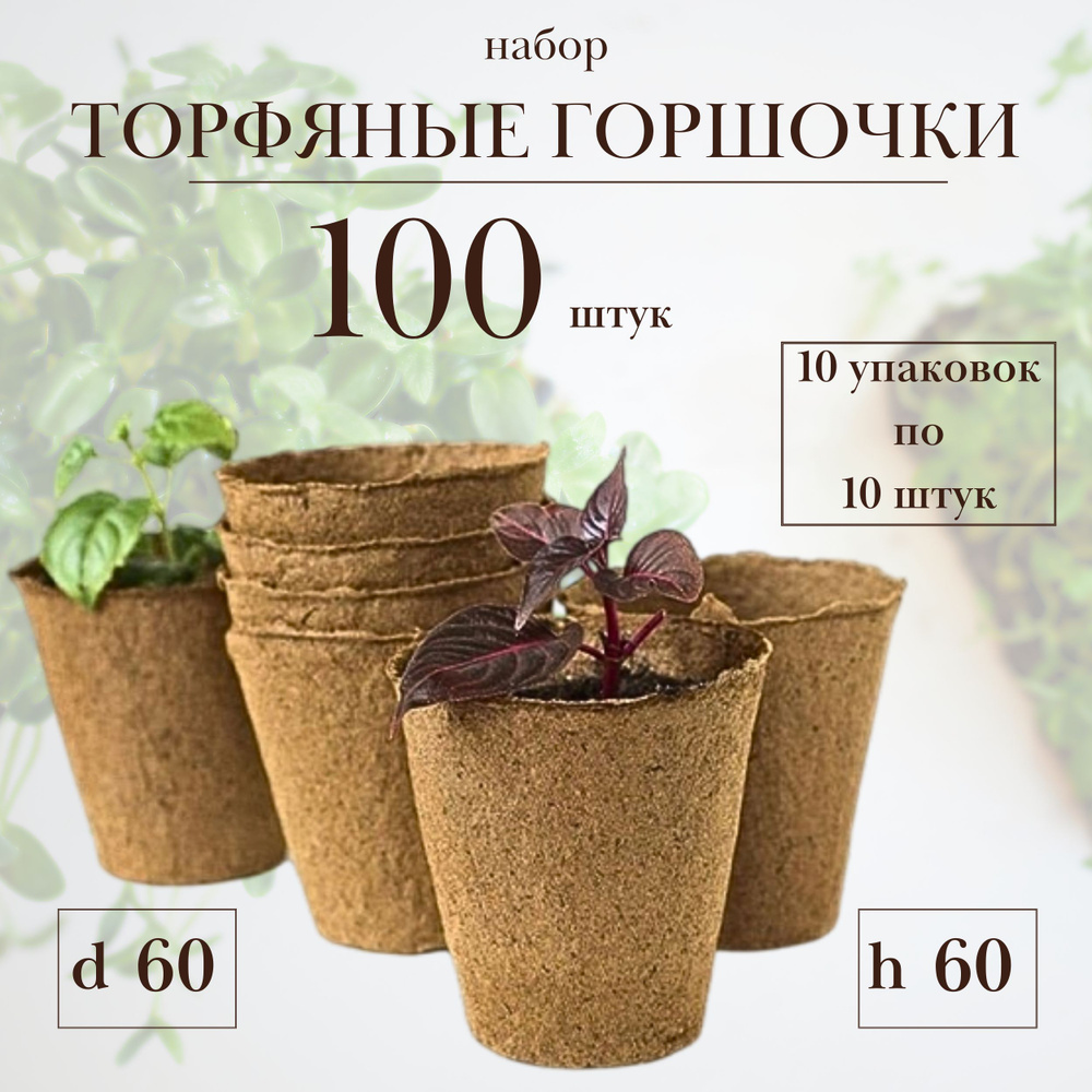 Торфяные горшочки для рассады 60х60 мм, 10 упаковок по 10 штук  #1