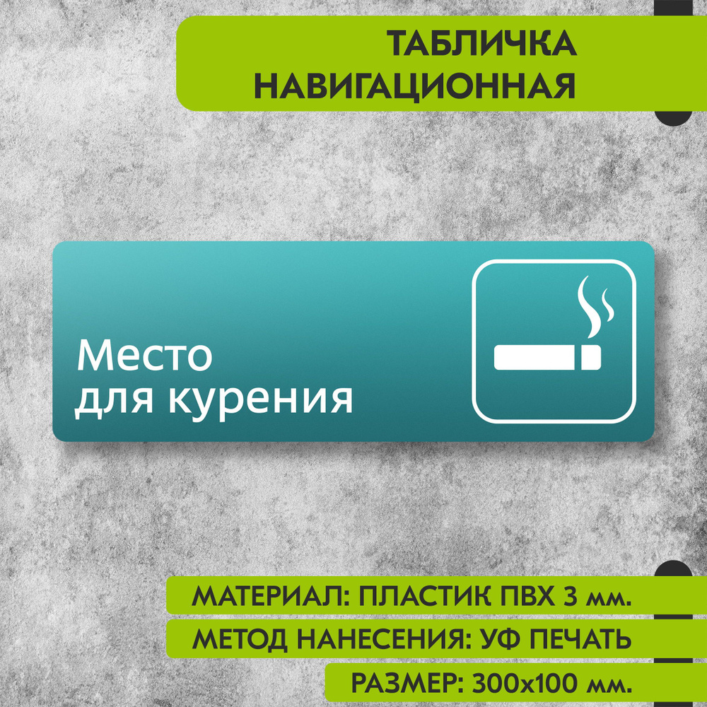 Табличка навигационная "Место для курения" бирюзовая, 300х100 мм., для офиса, кафе, магазина, салона #1