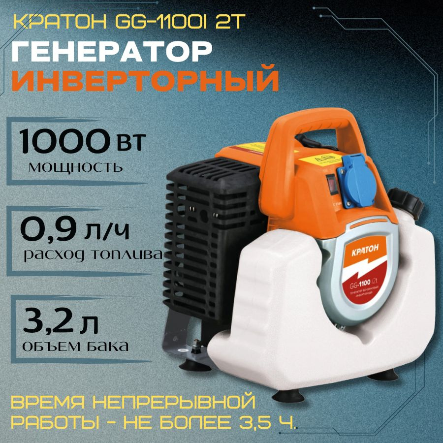 Генератор бензиновый инверторный Кратон GG-1100i 2t (1000 Вт; ручной  стартер; 0,9 л расход топлива) - купить по низкой цене в интернет-магазине  OZON (1305950926)