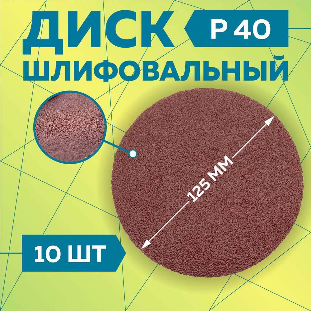 Круг шлифовальный 125 мм на липучке, P40 (10 штук), диск шлифовальный на ворсовой основе /диск абразивный, #1