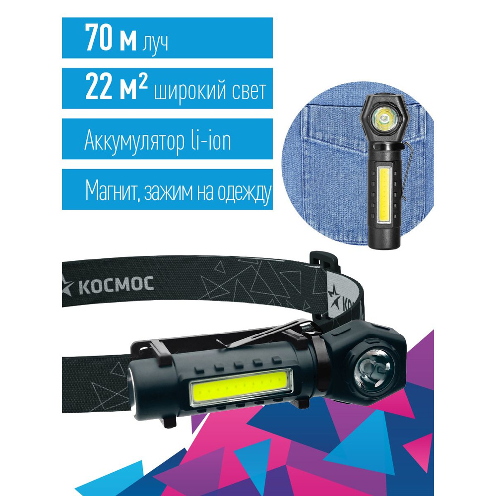 Фонарь налобный КОСМОС KOC508Lit аккумуляторный, коллиматорная линза ...