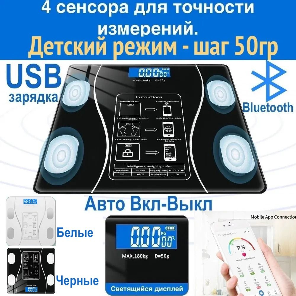 Весы напольные электронные / Умные весы диагностические / Стекло,  Bluetooth, USB зарядка. Русское приложение