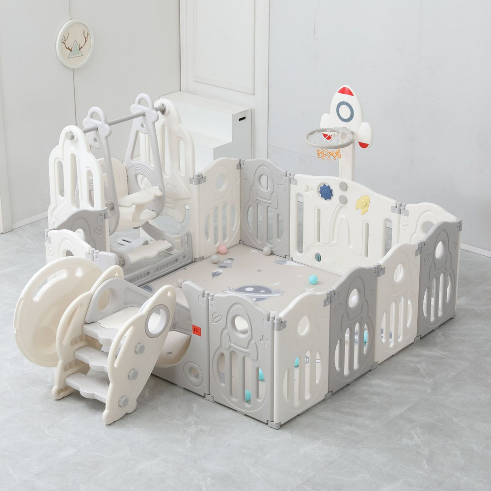 Детския манеж UNIX Kids SUPREME Space 200x240 Grey с качелями, горкой,  баскетбольной стойкой бизибордом, игровой комплекс из пластика, для дома  игровой, напольное ограждение для детей, серый - купить с доставкой по  выгодным