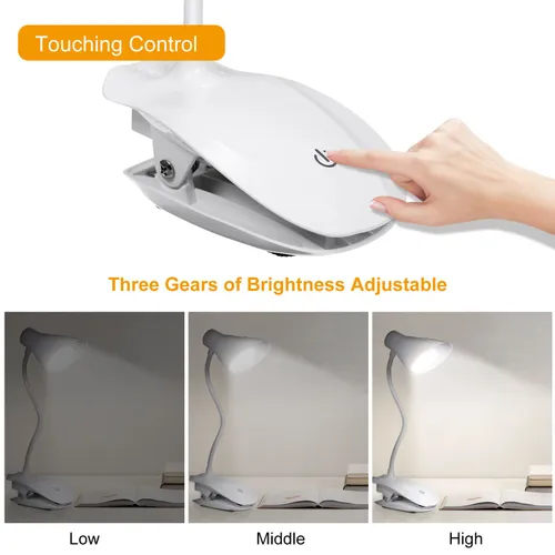 Портативная настольная лампа с клипсой, 3 уровня яркости, USB-зарядка, гибкая стойка 360 , для чтени