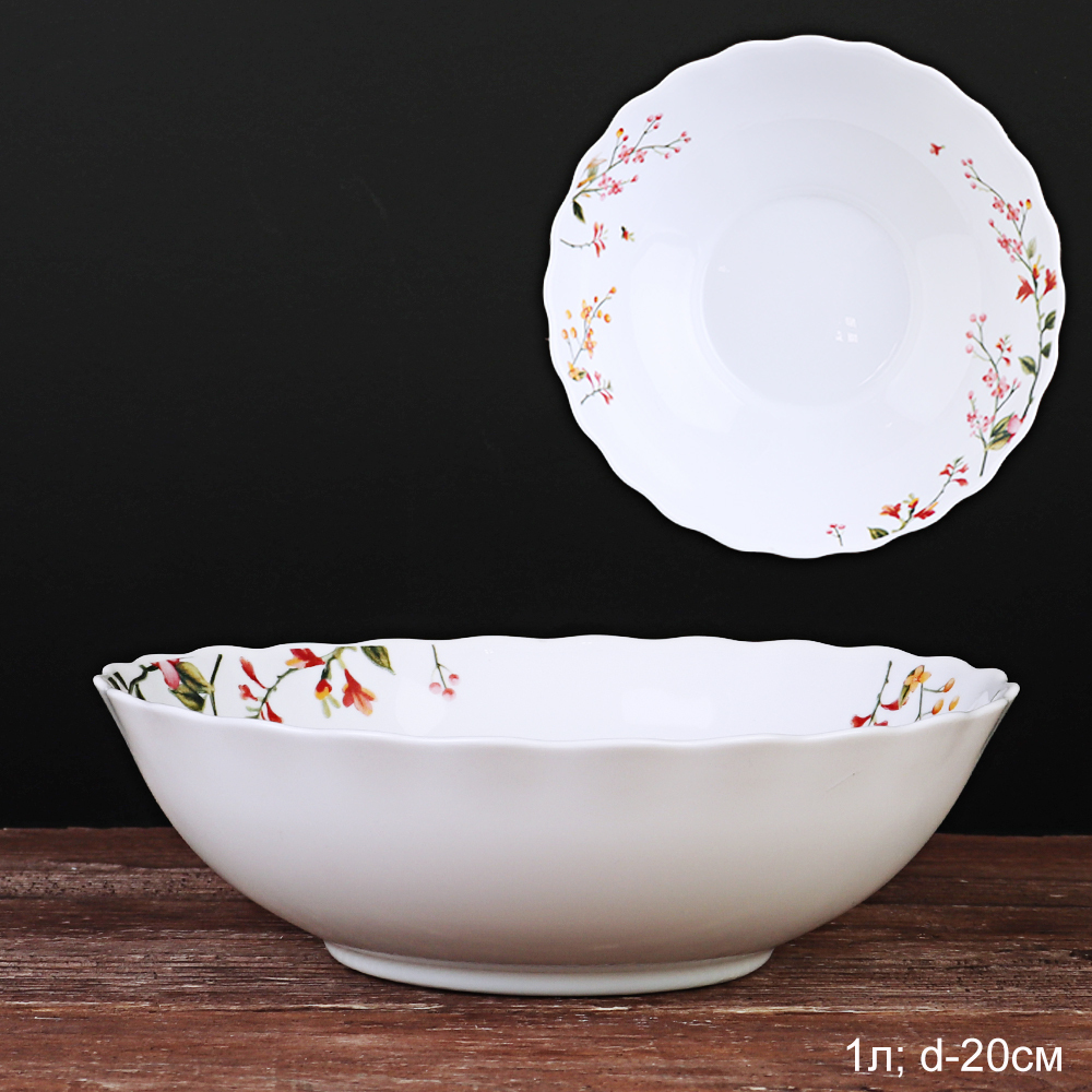 Салатник WHITE LILY Кустик сакуры , 1000 мл, диаметр 20 см, розовый, стеклокерамика