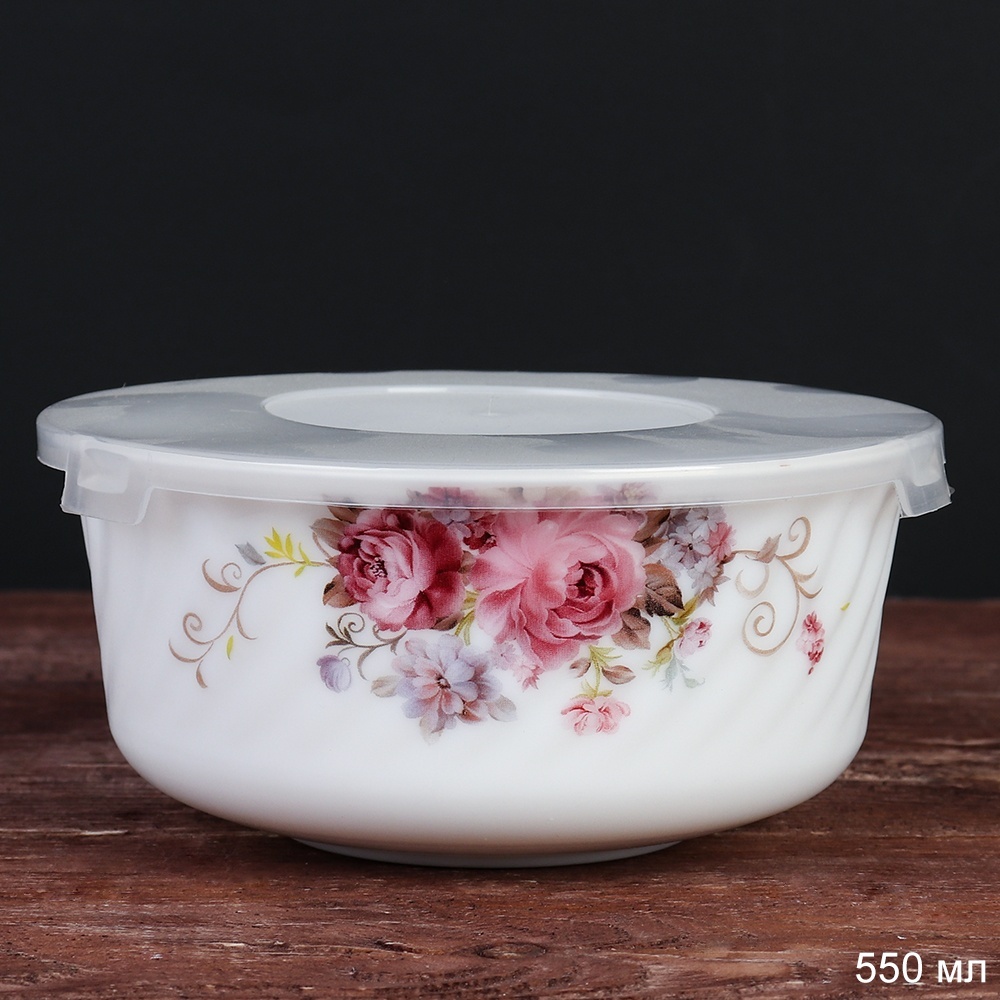 Салатник WHITE LILY с крышкой Букет роз , 550 мл, розовый, стеклокерамика