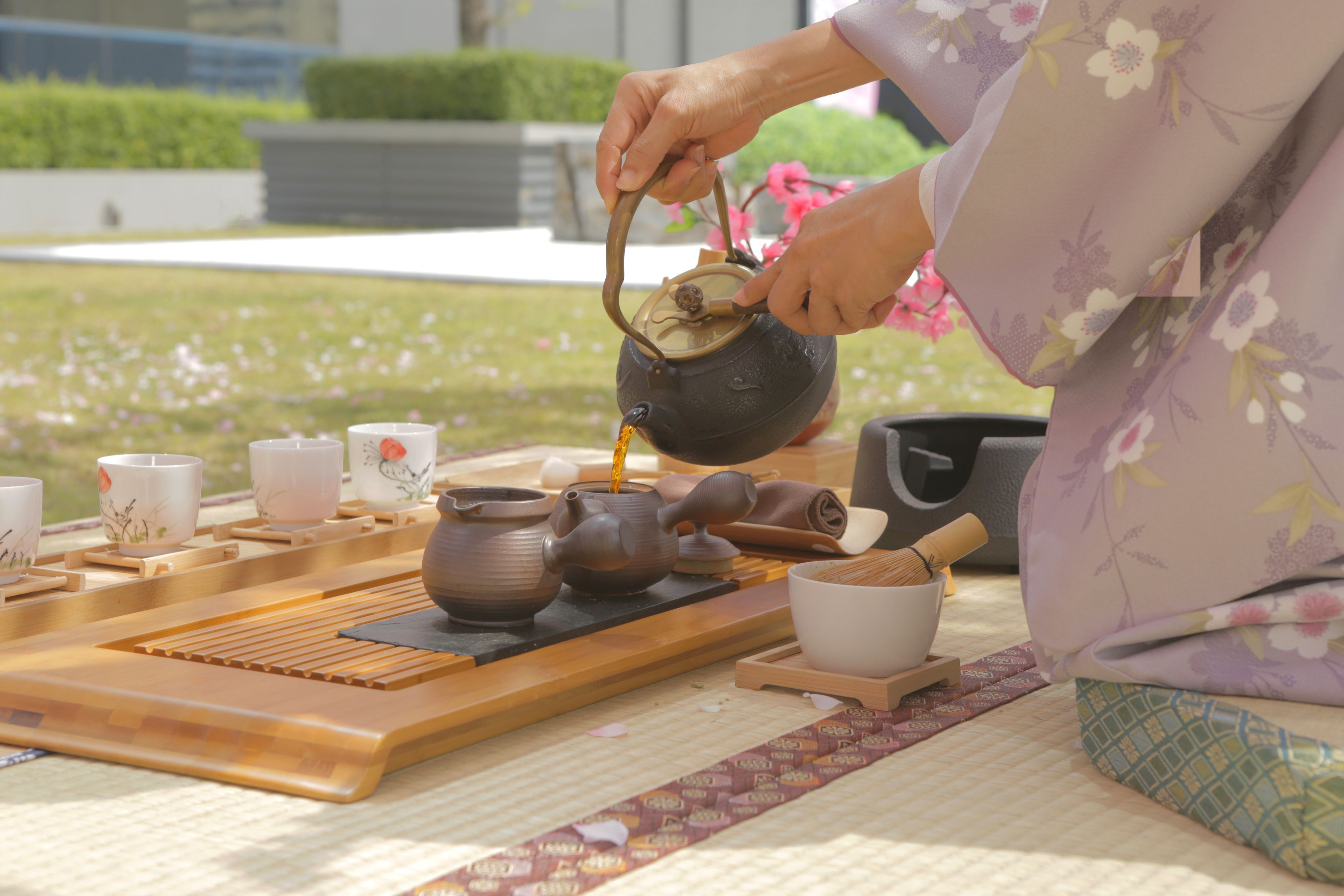 Чайная церемония в японском саду. Чайная церемония японский сад Мрия. Чайная церемония под сакурой. Китайская чайная церемония на природе. Чайная церемония в Японии.