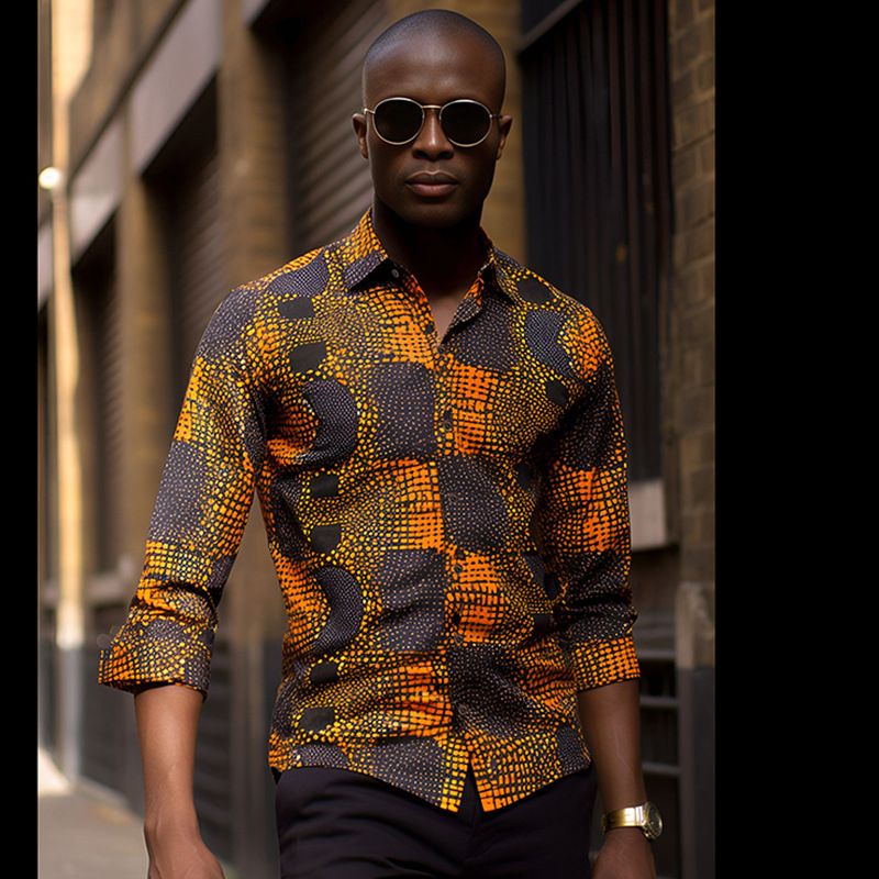 мужчина в яркой рубашке с африканским принтом