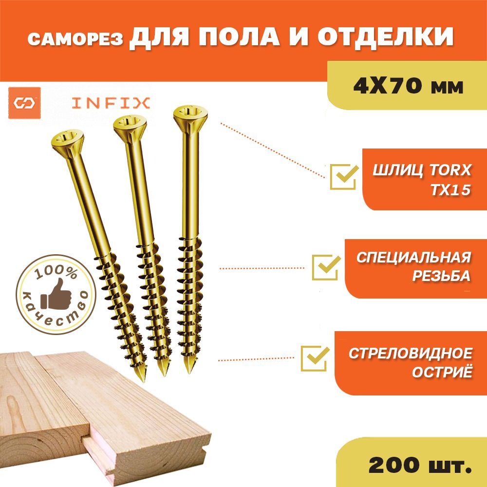 Саморезыподеревужелтыедляполаиотделкипотайные4х70цжTX15INFIX(упак.200шт)