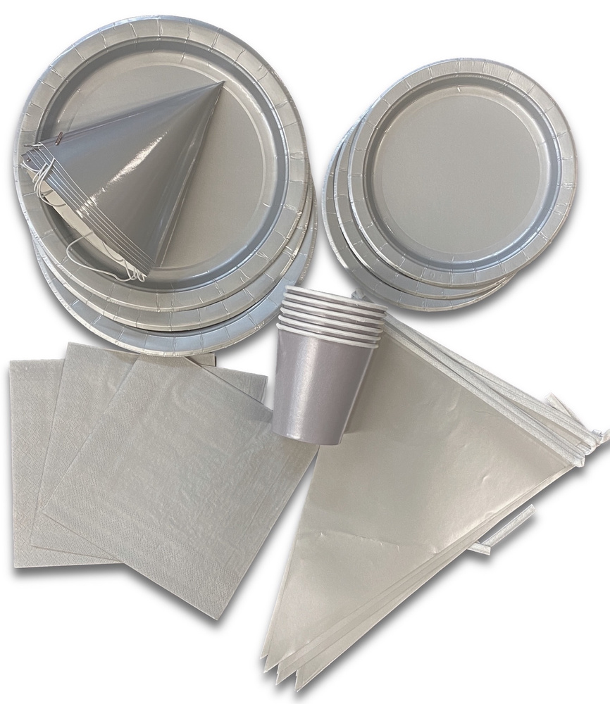 Набор одноразовой посуды для праздника, Серебро, 6 предметов на 6 ...