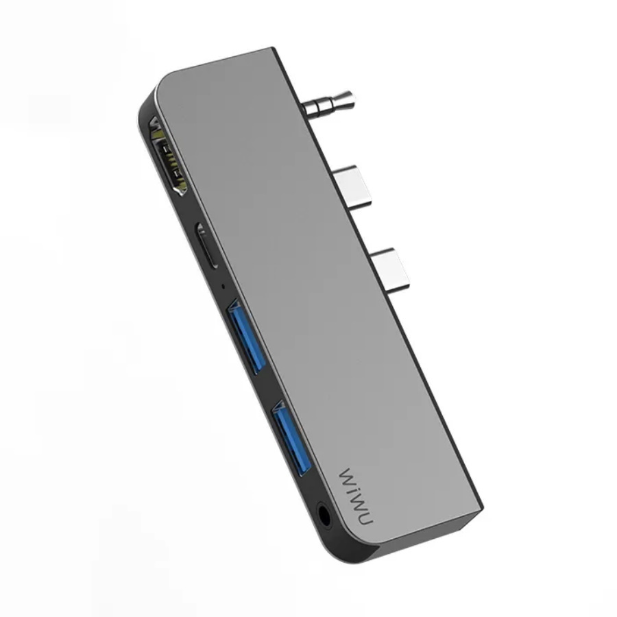 Хаб Wiwu Alpha M X Pro 5 in 1 Laptop Dongle Station Type-C to 2 x USB 3.0 +  HDMI + 3.5mm Audio + PD Type-C для Huawei Matebook Grey