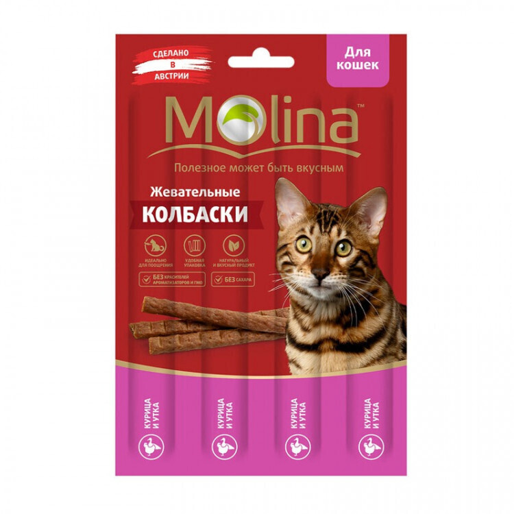 Molina Жевательные колбаски для кошек Курица и утка, 20 г #1