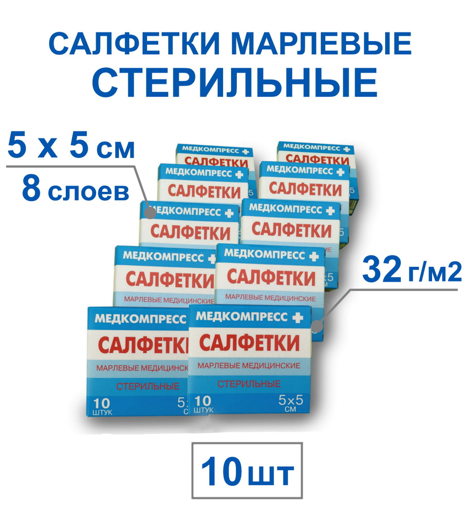 Салфетки марлевые медицинские стерильные, 5х5 см, 8 слоев, 10 шт (10 ...