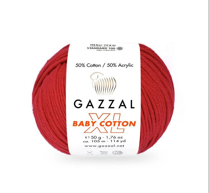 Пряжа Gazzal Baby Cotton xl 1 шт цвет 3443 красный, 105м/50г, 50% хлопок, 50% полиакрил /Газзал Беби #1