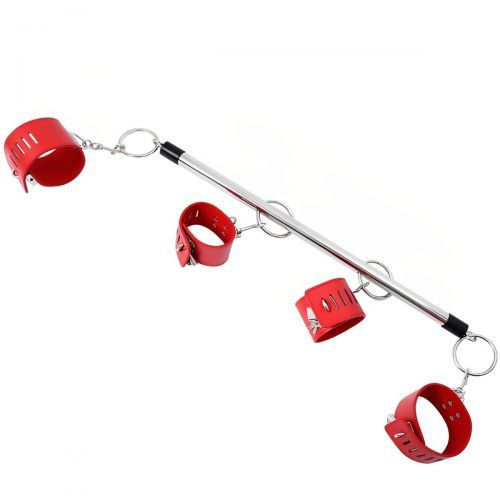 Длинная бондажная распорка с наручниками и поножами красного цвета-null ...