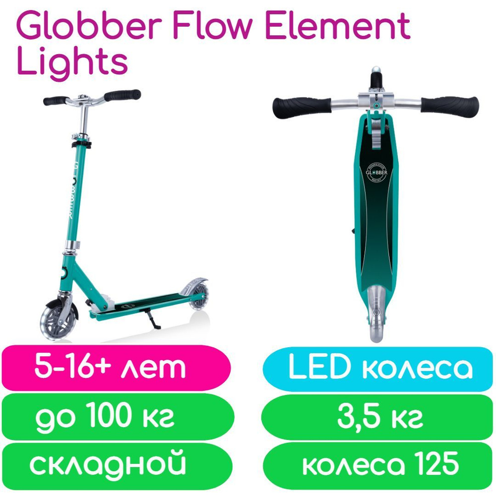 Cамокат Globber Flow Element Lights бирюзовый (721-307) со светящимися колесами  #1