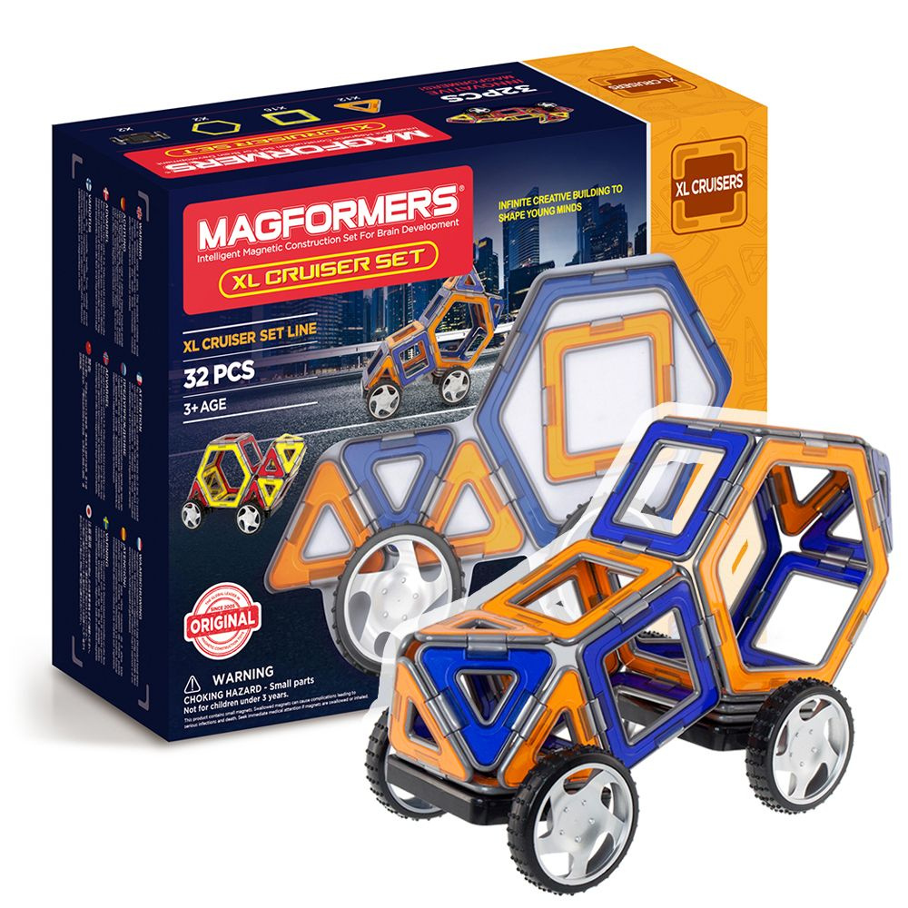 Магнитный конструктор MAGFORMERS 706001 XL cruisers машины / 32 детали / Большие  колеса, машина / Оригинал / Мощные неодимовые магниты / Детская развивающая  игрушка для детей от 3 лет / Подарок мальчику,