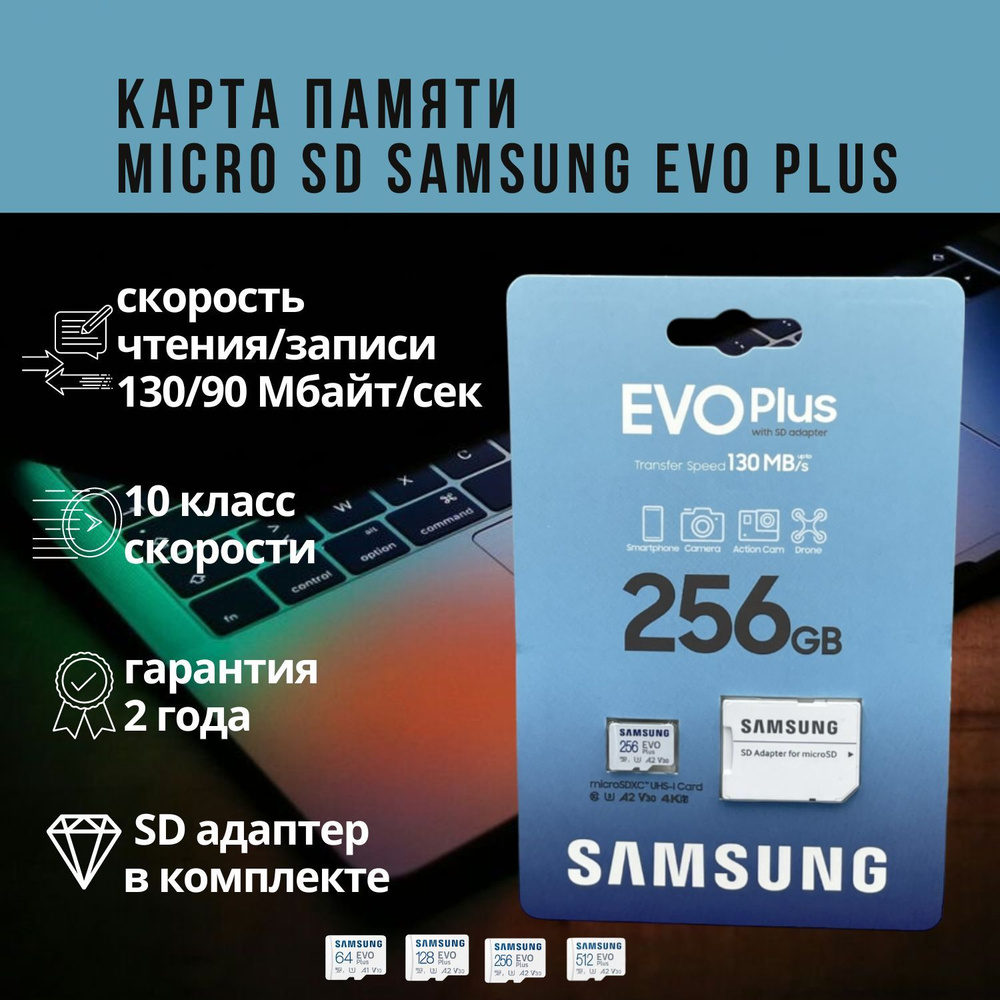 Карта памяти Micro SD Samsung EVO Plus 256 ГБ class 10 - купить с доставкой  по выгодным ценам в интернет-магазине OZON (375080650)