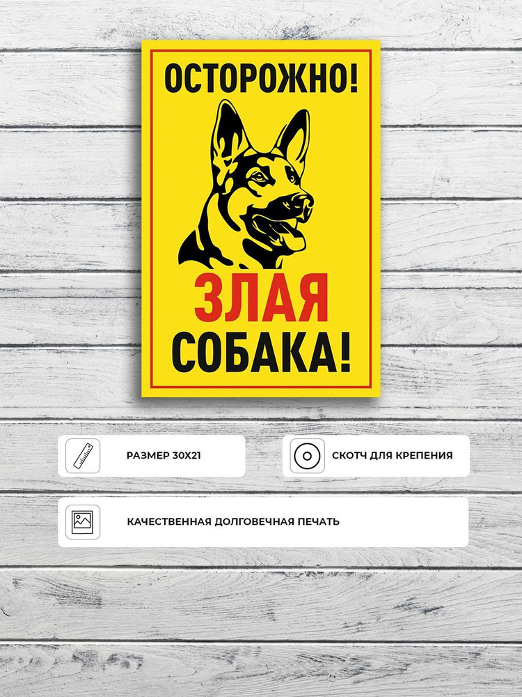 Табличка "Осторожно злая собака" (желтая) А5 (20х15см) #1