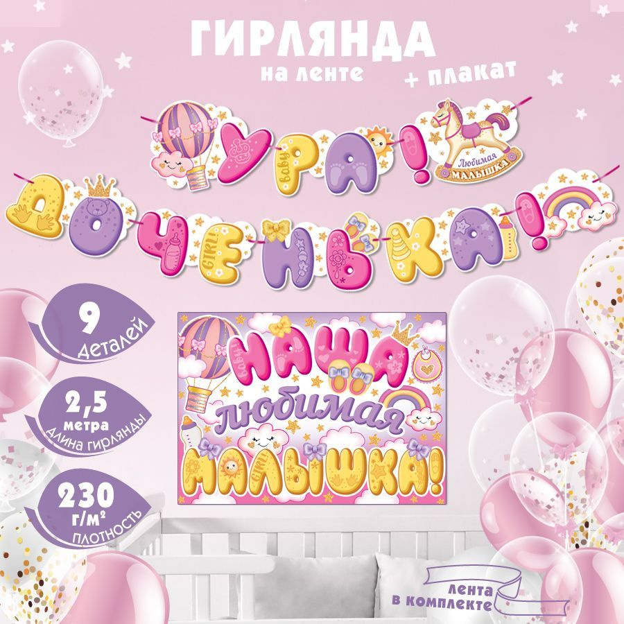 Гирлянда-растяжка бумажная на стену для украшения интерьера и фотозоны "Ура! Доченька Наша любимая малышка!" #1