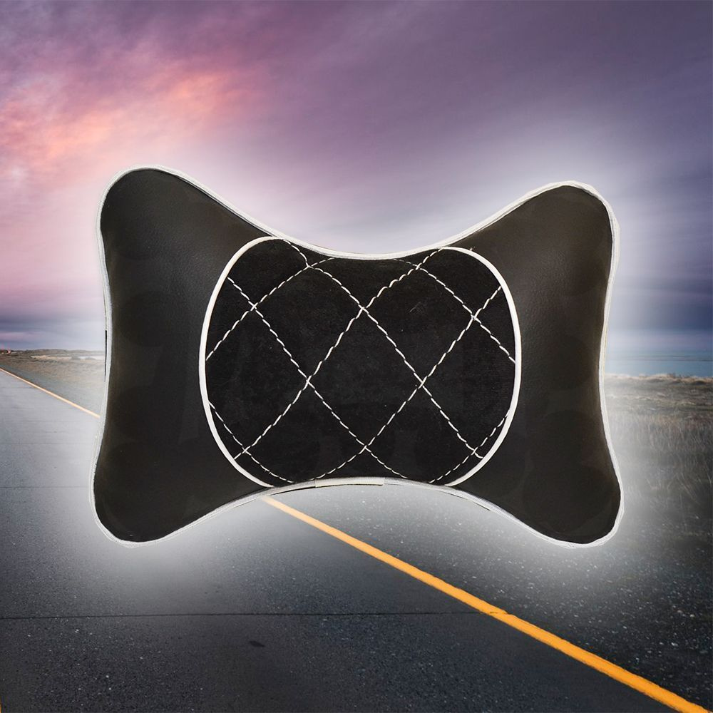Автомобильная подушка под шею на подголовник из экокожи с вставкой из черного велюра с белой прострочкой #1