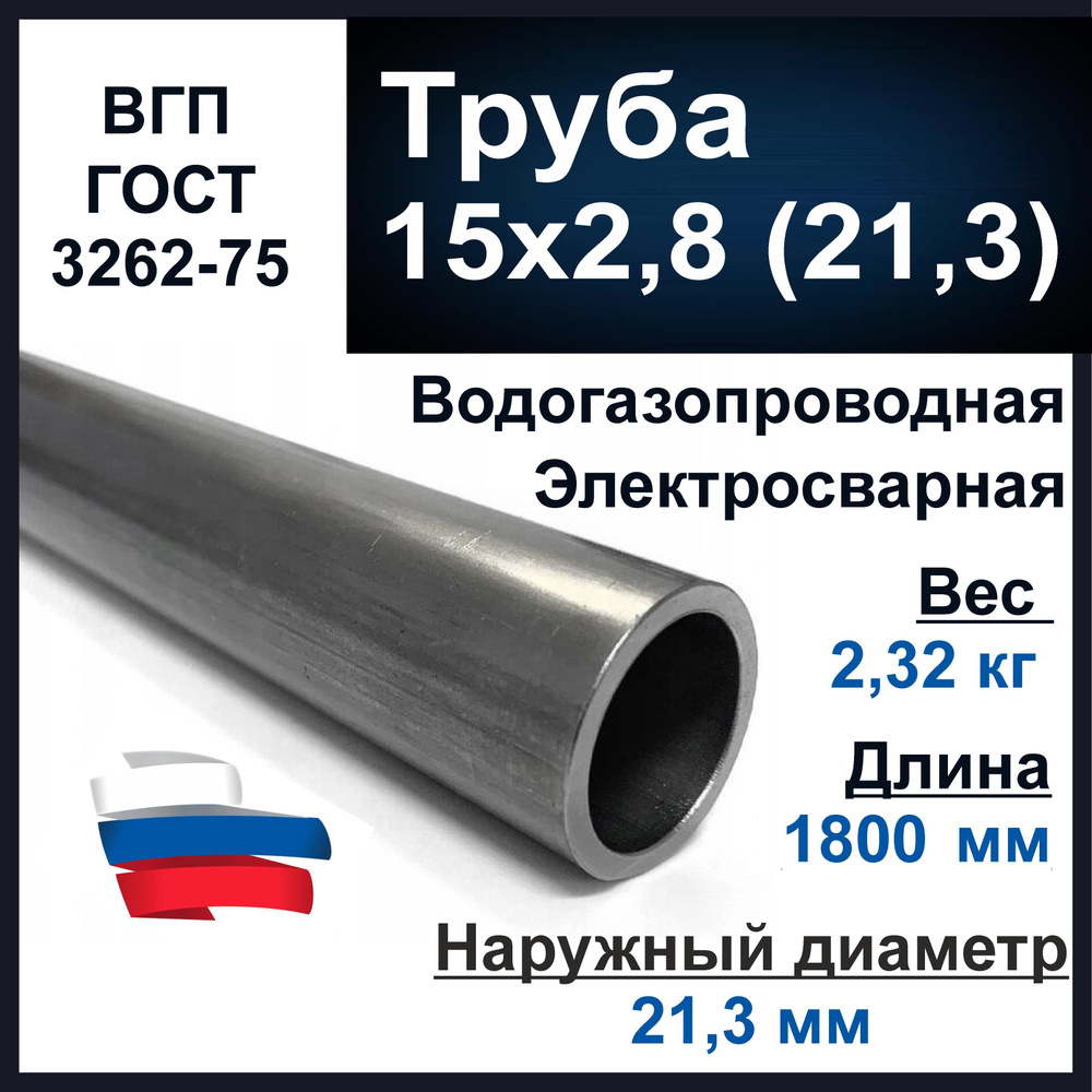 Труба 15х2,8 (21,3) стальная. Водогазопроводная (ВГП 15) ГОСТ 3262-75. Толщина стенки 2,8 мм. Длина 1800 #1