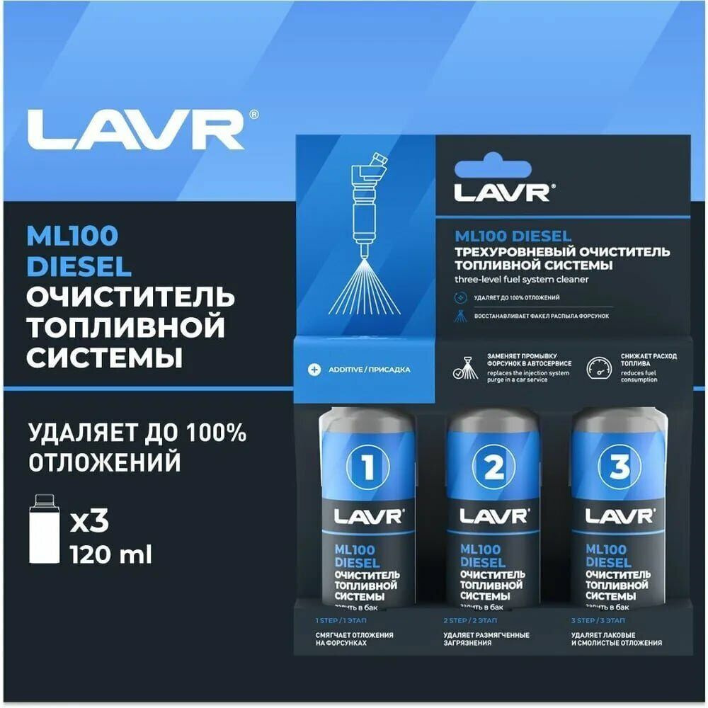 Химия очиститель топливной системы (дизель в бак) LAVR ML-100 трехуровневая 3/120 мл.