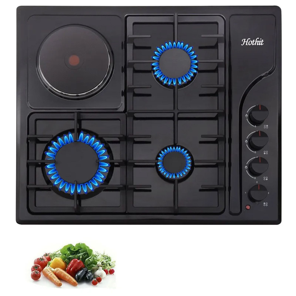 Встраиваемая варочная поверхность комбинированная, 3 газовые конфорки + 1  электро конфорки , Чёрное ,Комбинированная варочная панель купить по низкой  цене с доставкой и отзывами в интернет-магазине OZON (1171018597)