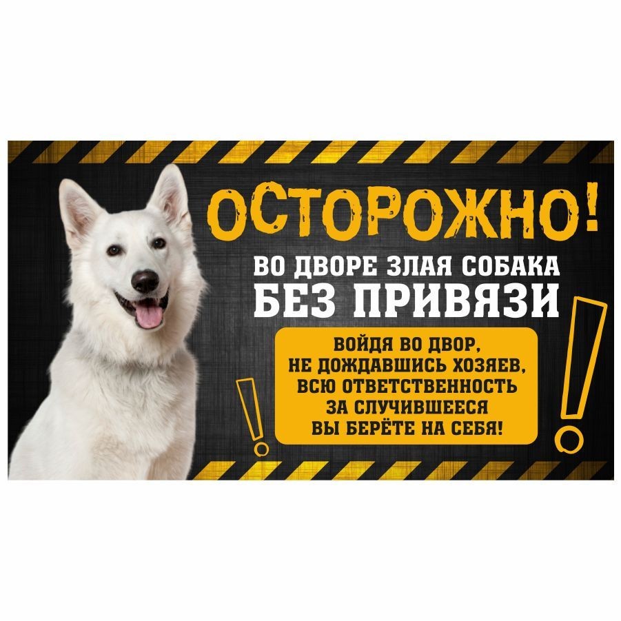 Табличка, с юмором, прикол, DANGER DOG, Осторожно! Во дворе собака без  привязи, Швейцарская овчарка, 25x14 см