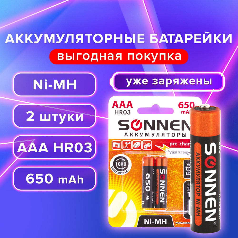 Sonnen Аккумуляторная батарейка AAA, 1,2 В, 650 мАч, 2 шт - купить с  доставкой по выгодным ценам в интернет-магазине OZON (193385231)