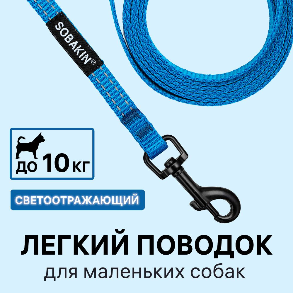 SOBAKIN Поводок 5 м для собак до 10 кг СВЕТЛЯЧОК ГОЛУБОЙ светоотражающий с  черным карабином, 10мм - купить с доставкой по выгодным ценам в  интернет-магазине OZON (1273332548)