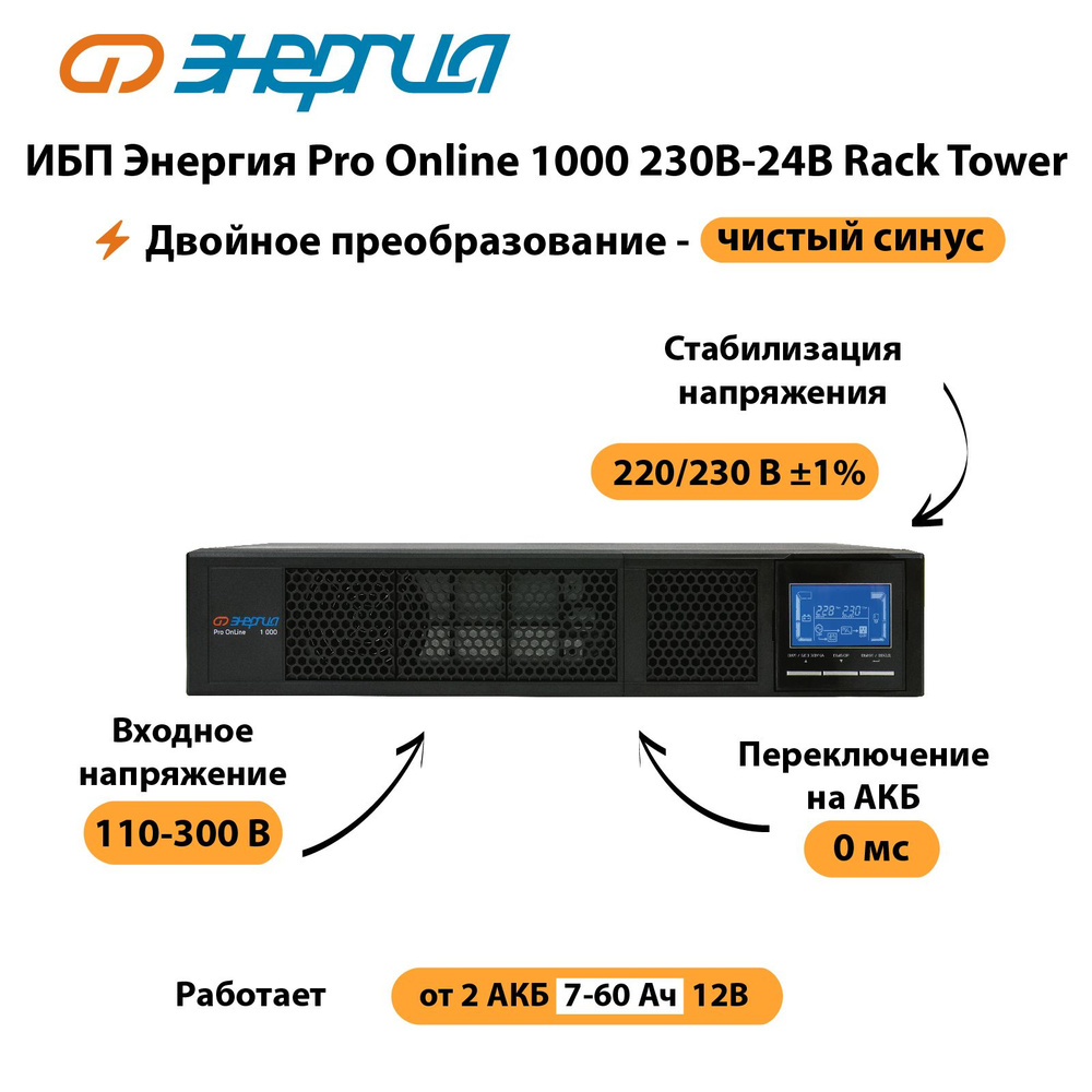 ИБП С двойным преобразованием Энергия Е0201-0075, 1000 В·А купить по ...