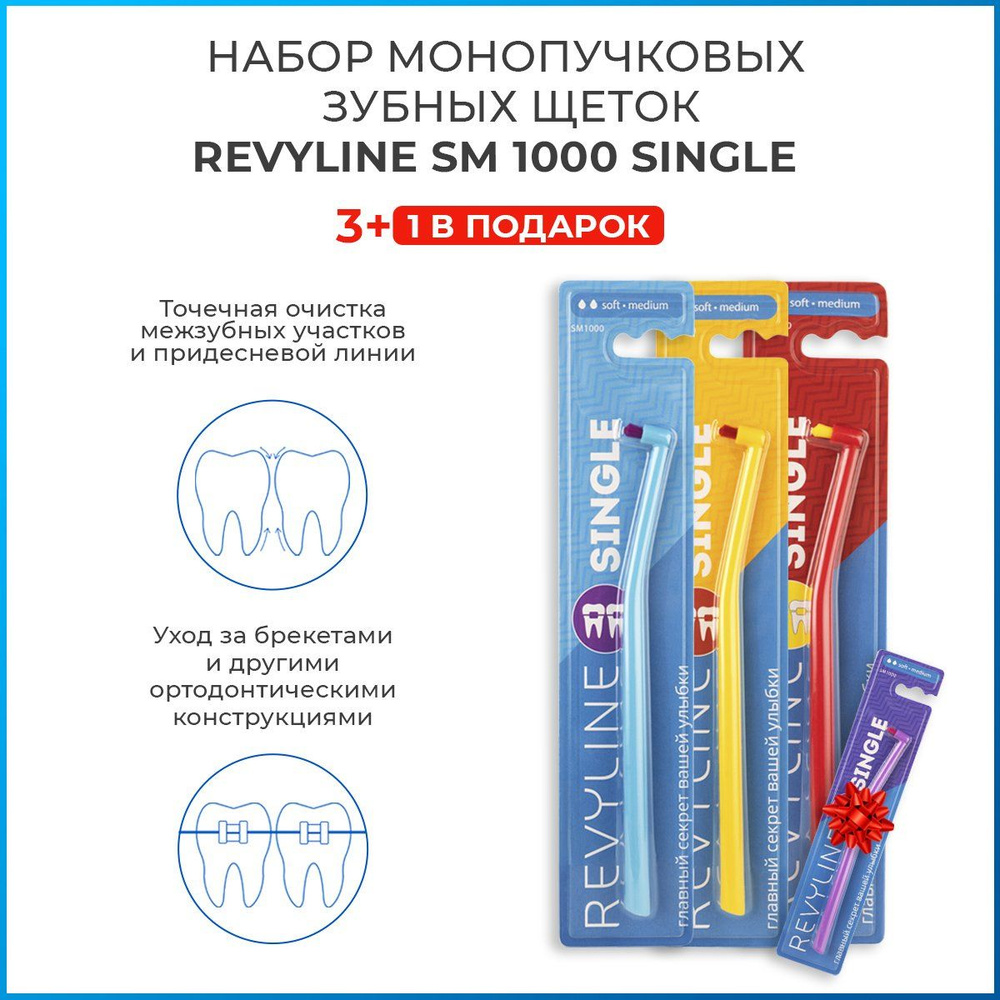Зубные щетки ортодонтические Revyline SM1000, монопучковые( 4 шт ...