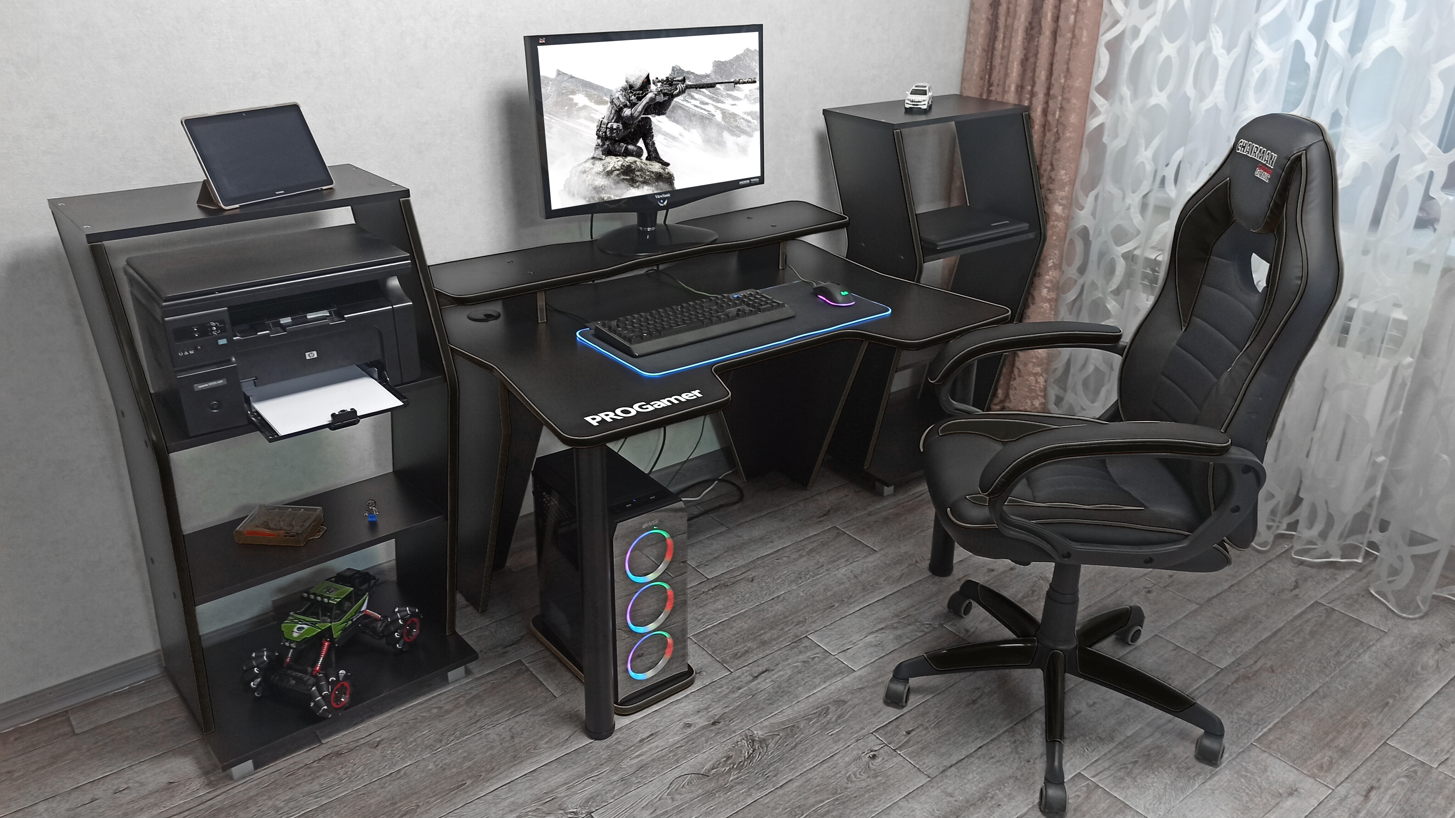 Игровой компьютерный стол PROGAMER Скай черный/синий, 105х75х73 см