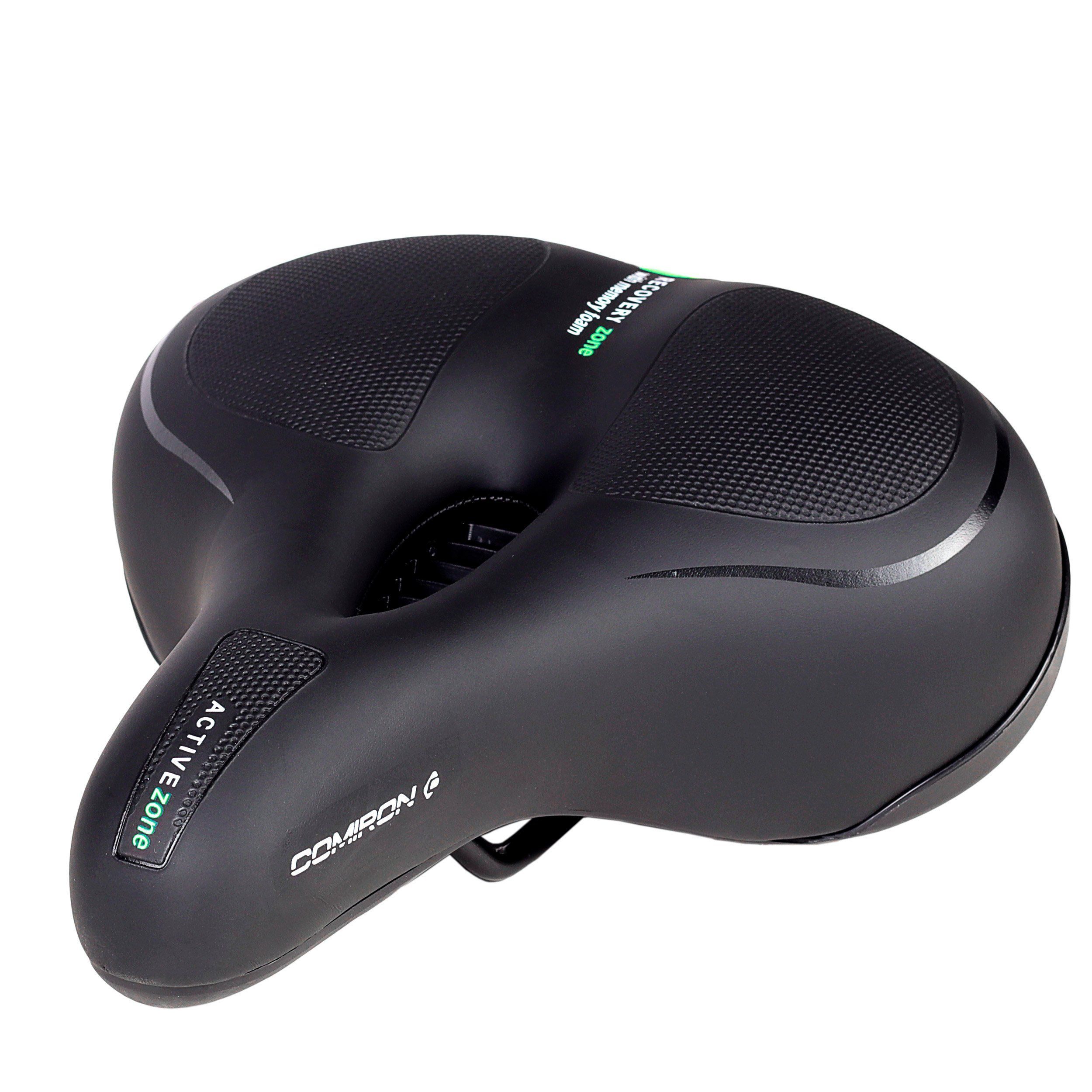 Седло велосипедное комфортное COMIRON TOKYO C012 265x220, технологии: ED, MEMORY FOAM, полиуретан с пресс. принтом, чёрный, зелёный Седло велосипедное комфортное COMIRON TOKYO C012 265x220, технологии: ED, MEMORY FOAM, полиуретан с пресс. принтом, чёрный, зелёный