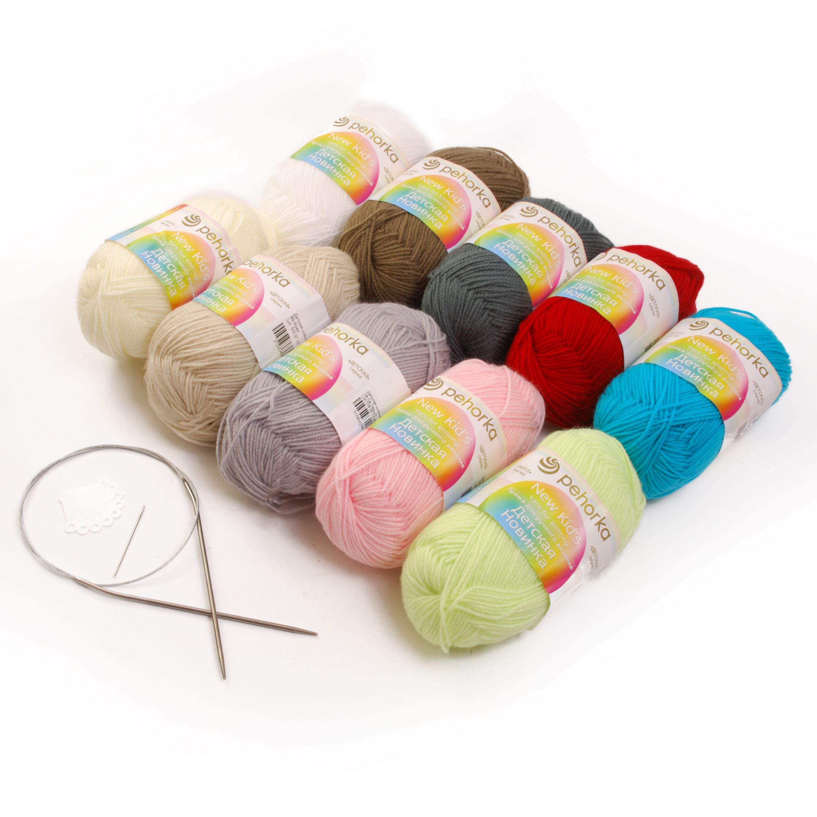 Набор пряжи для вязания: Детская новинка 10 мотков + спицы круговые №3 ...