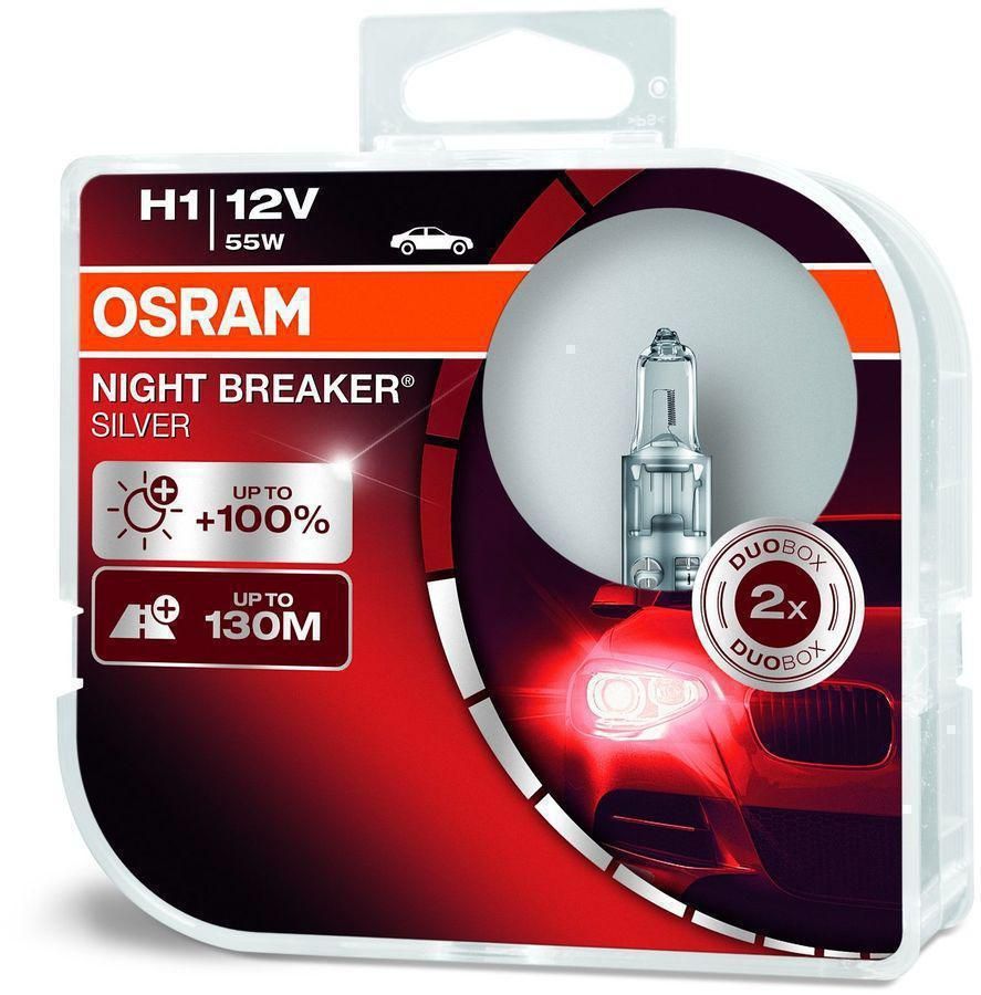 Лампа галоген H1 12V 55W P14.5s Night Breaker Silver +100% к-т 2шт (OSRAM)