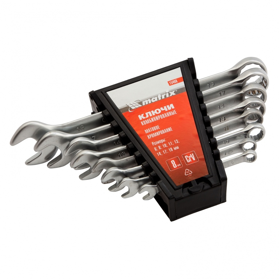 Набор ключей комбинированных, 6-19 мм, 8 шт, CrV, матовый хром Matrix ...