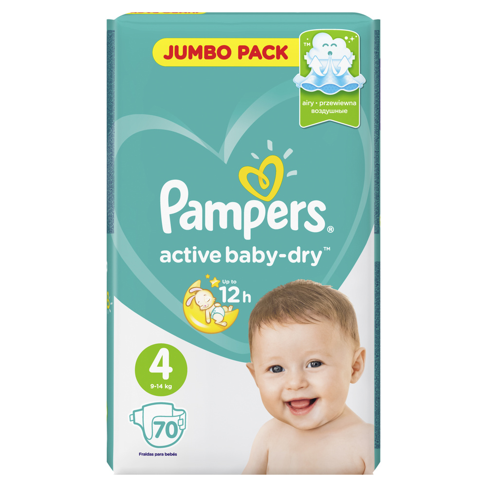 Pampers Active Baby-Dry Подгузники для малышей 9-14 кг, 4 размер, 70 шт  #1