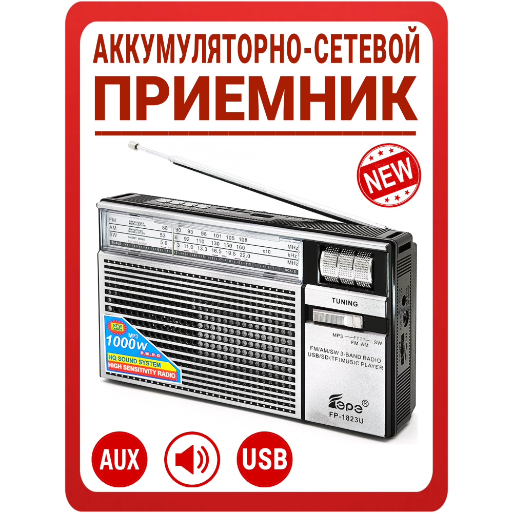 Приемник радио от сети / С аккумулятором / Радиоприемник аккумуляторно-сетевой Fepe: AM, FM (88-108 MHz), #1