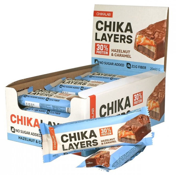Chikalab протеиновый батончик Chika Layers - набор 20 шт по 60 грамм, лесной орех с карамелью  #1