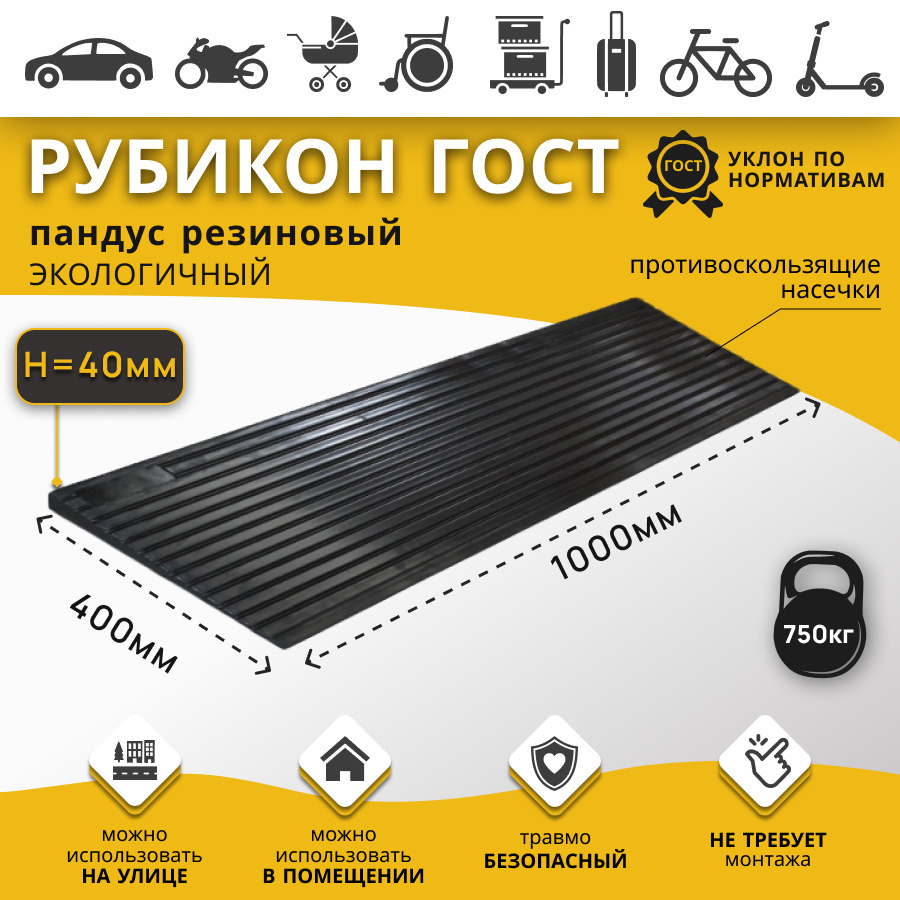 Пандус резиновый пороговый РУБИКОН ГОСТ, высота 40 мм (40х1000х400 мм ...