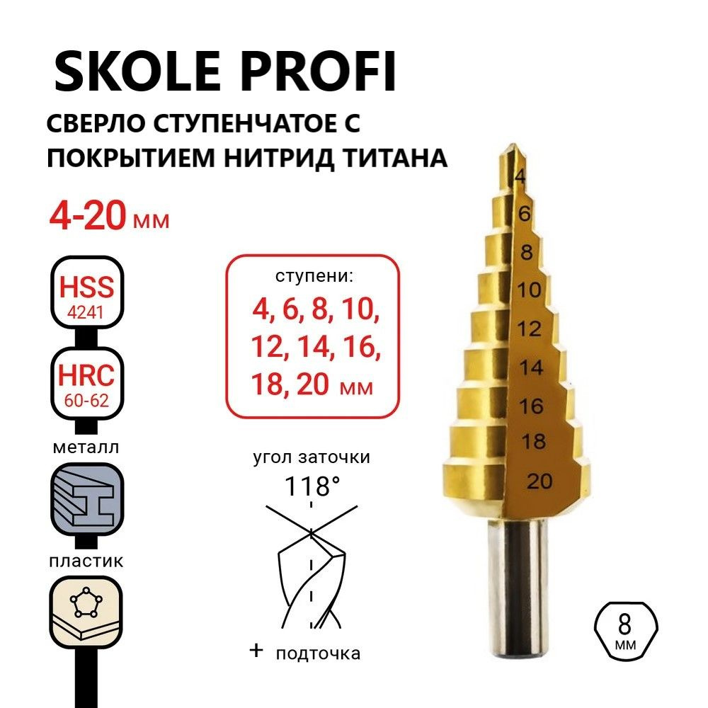 Сверло по металлу ступенчатое с трехгранным хвостовиком 4-20 мм SKOLE PROFI  #1